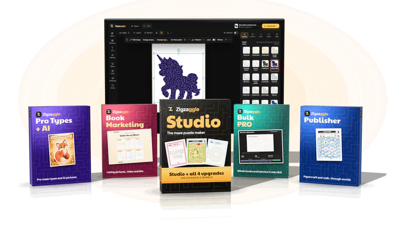 The Zigzaggle Bundle: the Studio box with its Bundle ribbon beside a PC monitor showing the studio