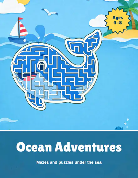 Front cover of Ocean Adventures, a kids maze book, made in Cover Studio and finished on the page